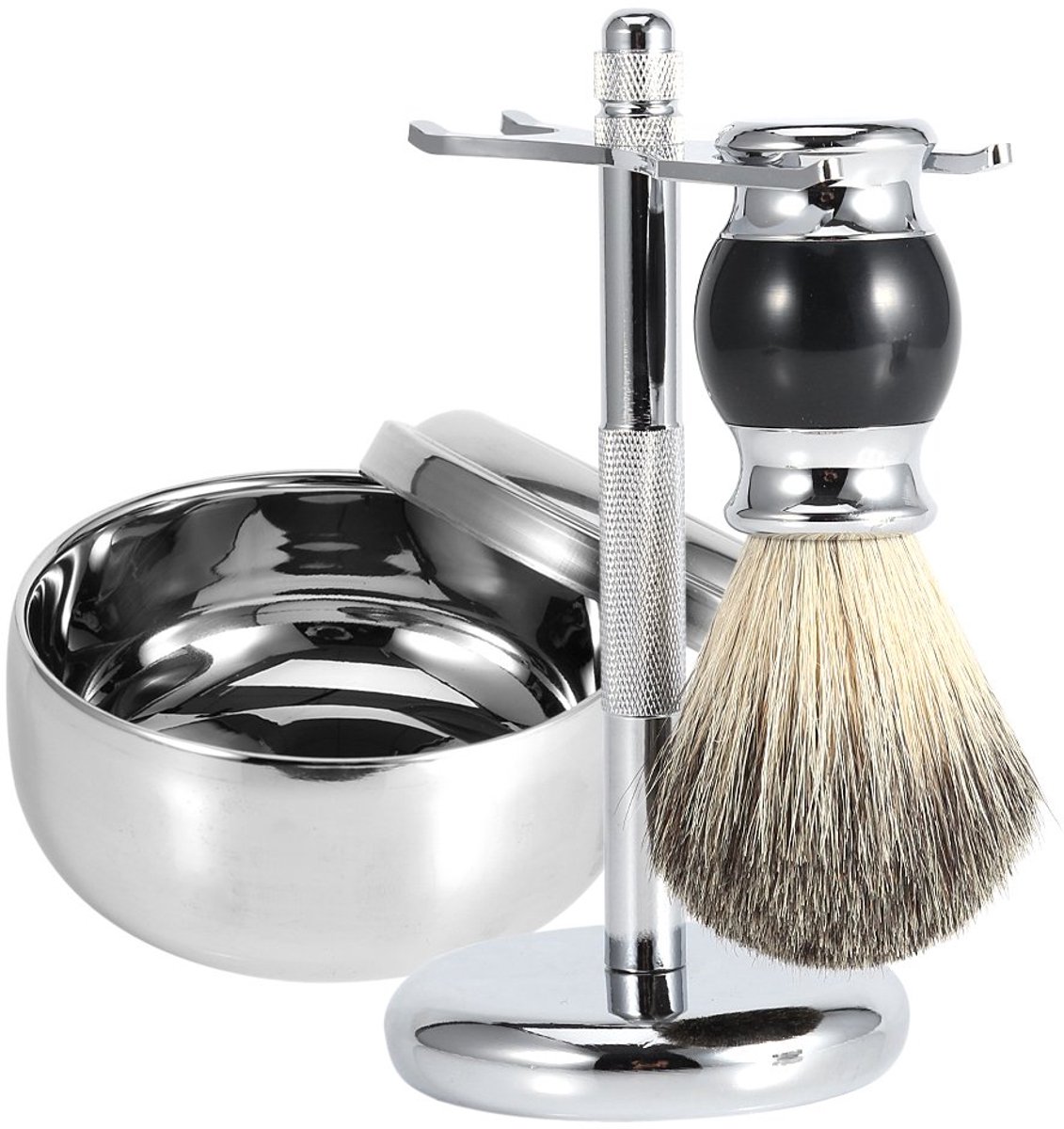 SnelShoppen - Scheerset voor Mannen, Set van 3 Scheerkwasten met Houten Handvat, Legering Zeepschaal en Stalen Scheermeshouder voor Luxe Scheerbeurt