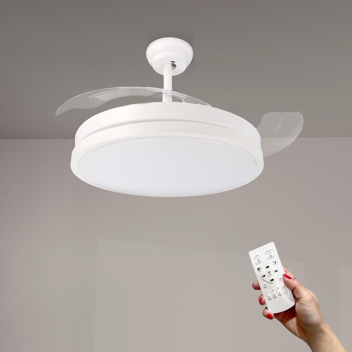 SnelShoppen - M mimotec LM8095 Plafondventilator met LEDlicht, 68W, afstandsbediening, laag stroomverbruik, DC-motor, 6 snelheden, stil, 3 intrekbare