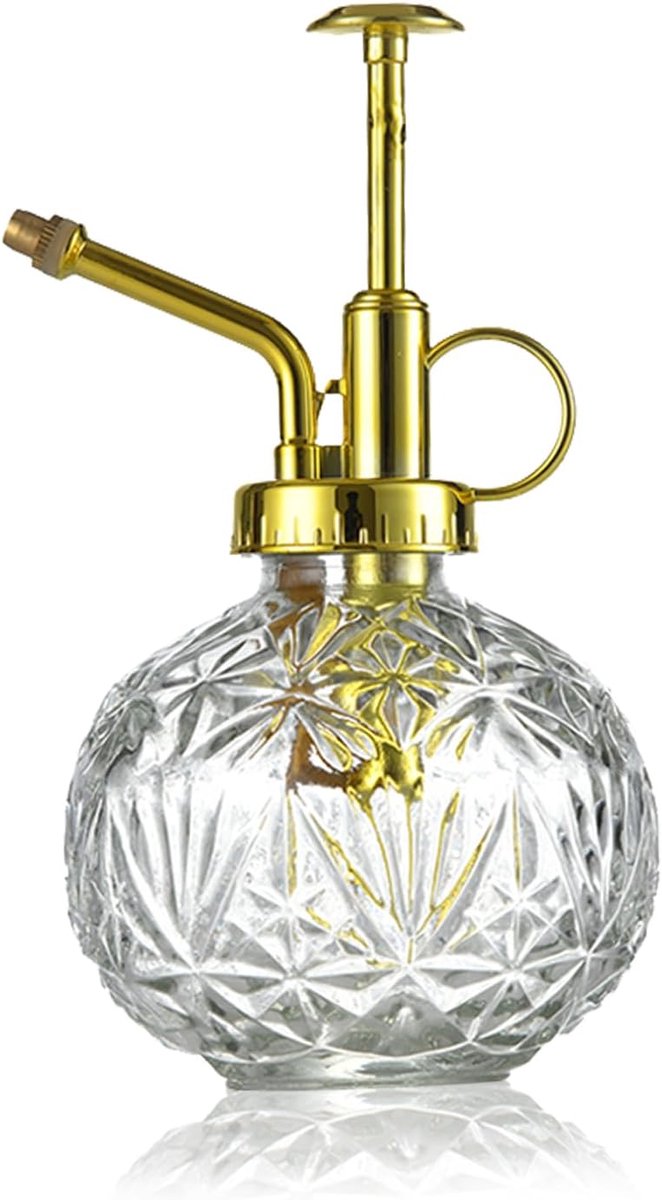 plantenspuitfles, 240 ml, retro reliëf, plantensproeier met pomp, bloemenverstuiver, drukspuit voor balkon, kleine tuinplanten, binnen huis of kantoor, transparant + gouden sproeikop