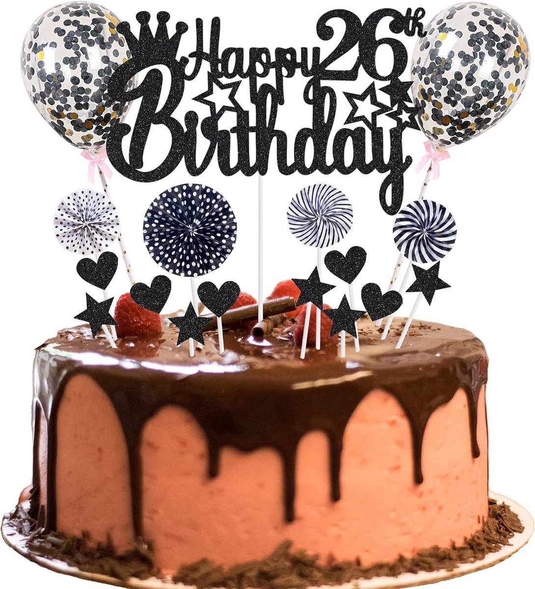 26e verjaardag - Happy 26th Birthday decoratie voor man en vrouw - taartdecoratie zwart met Hello 16 glitter taarttopper