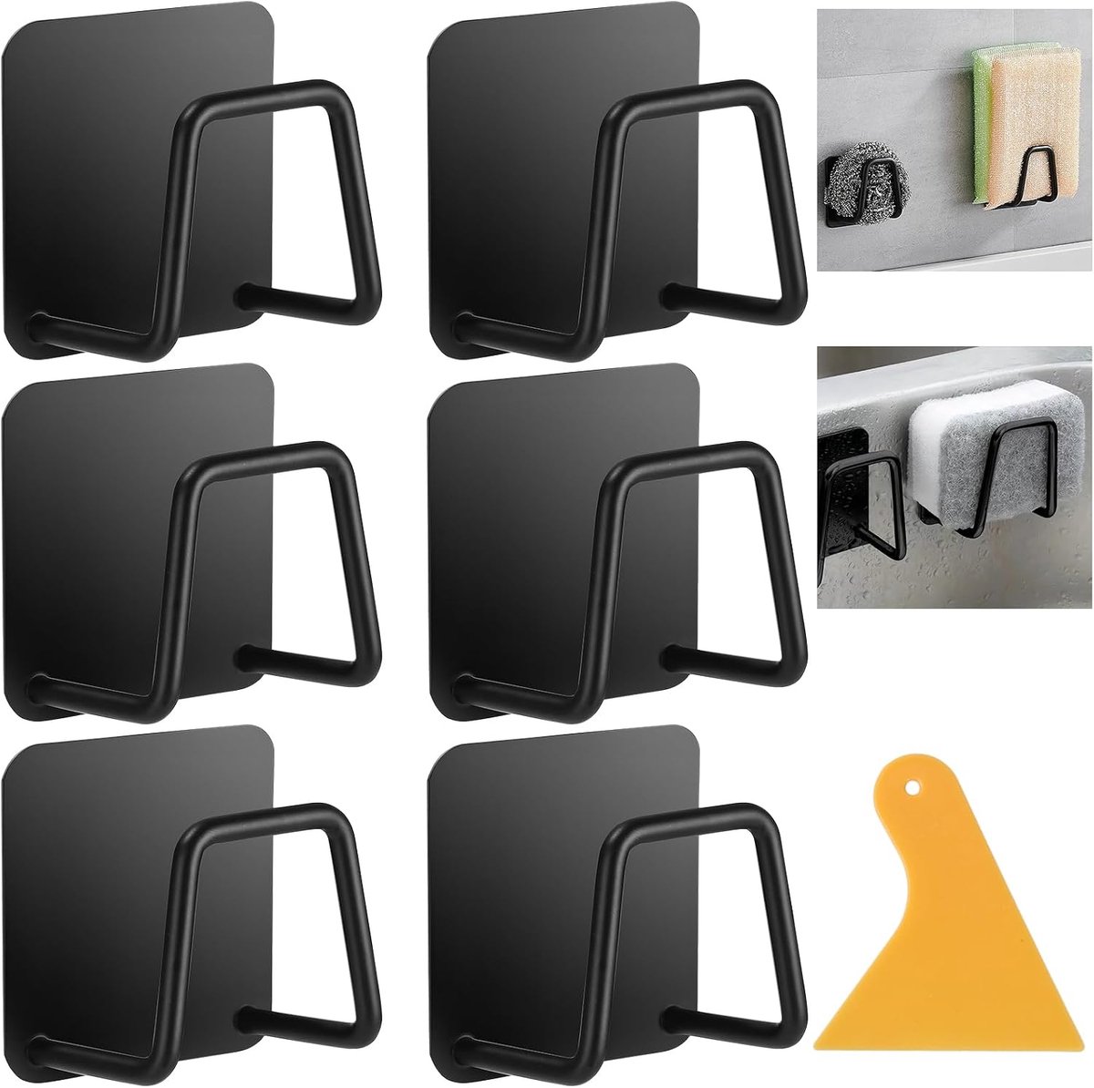 Sponshouder, 6 stuks sponshouders voor keukenspoelbak, zelfklevend, universele haak, keukenaccessoires, voor gootsteen, accessoires (zwart)