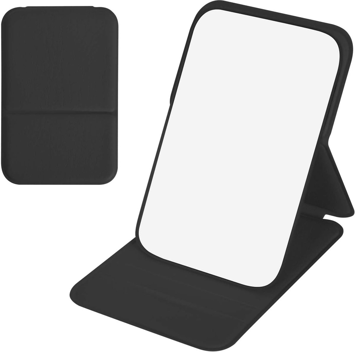 Draagbare opvouwbare spiegel, 11 x 7 cm make-upspiegel, PU-lederen reisspiegel, opvouwbare tafelspiegel, zakspiegel, voor kantoor, make-uptafel, reizen, camping festival essentials (zwart)