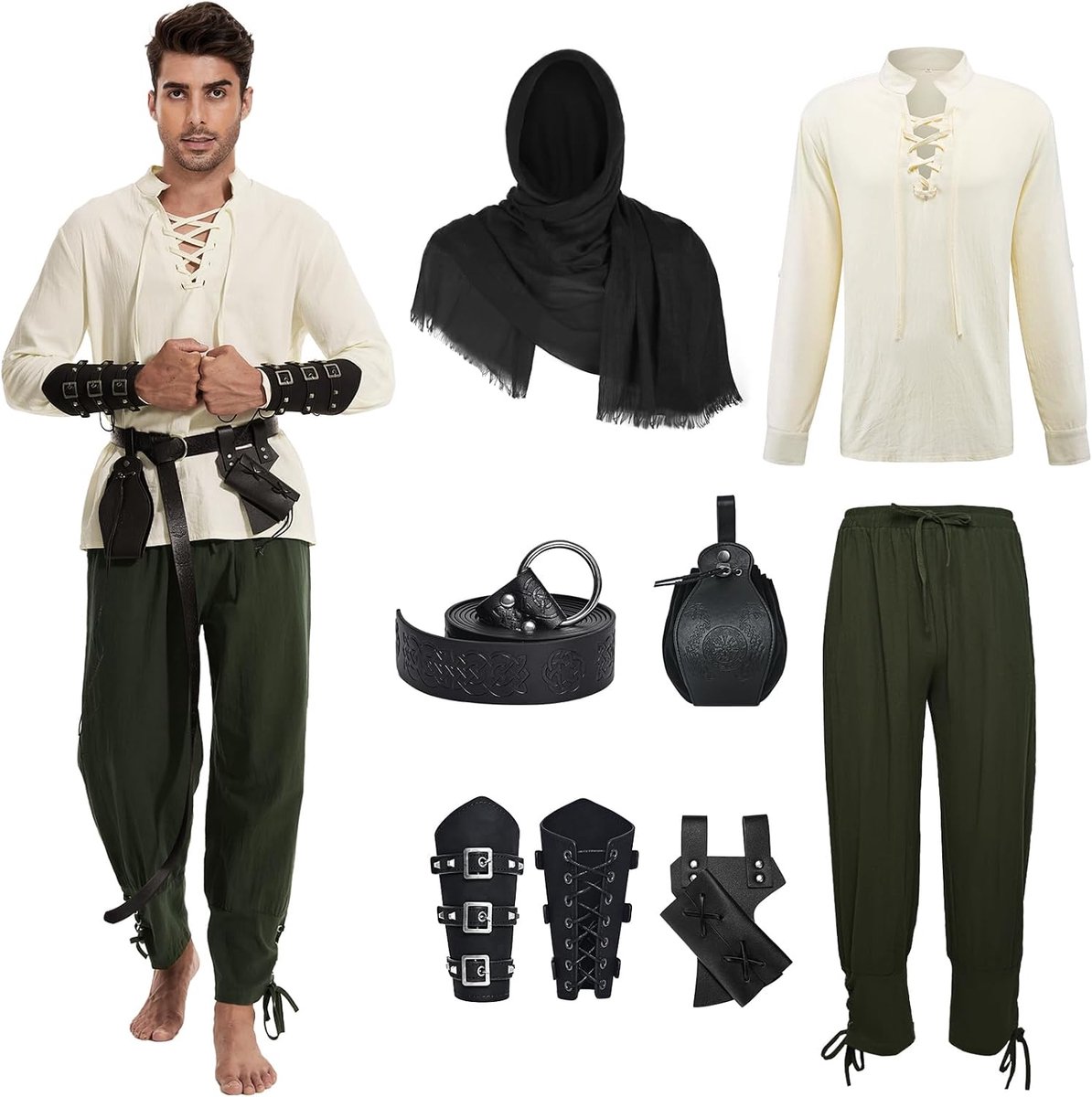 kleding voor heren, 7 stuks, renaissance-kostuumset, middeleeuws Viking-kostuum met piratenhemd, lange broek, riem, polsband