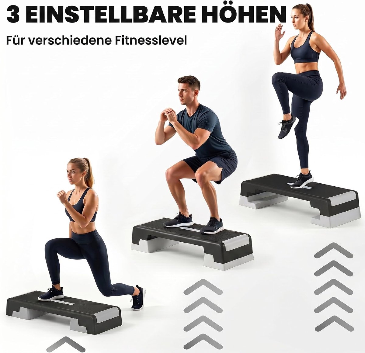 Stepplank in hoogte verstelbaar 3 standen (15/20/25 cm) zwart + grijs | Fitness aerobic stepper, antislipmat, antislip step bench, voor thuis, sportschool, kantoor