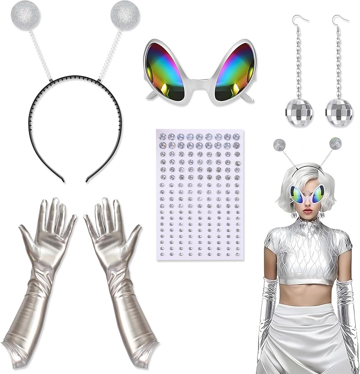 5 Stuks Buitenaardse Kostuum, Buitenaardse Hoofdband en Bril Handschoenen Glitter Sticker, Buitenaardse Accessoires Feesthoofdband voor Halloween Carnaval Maskerade