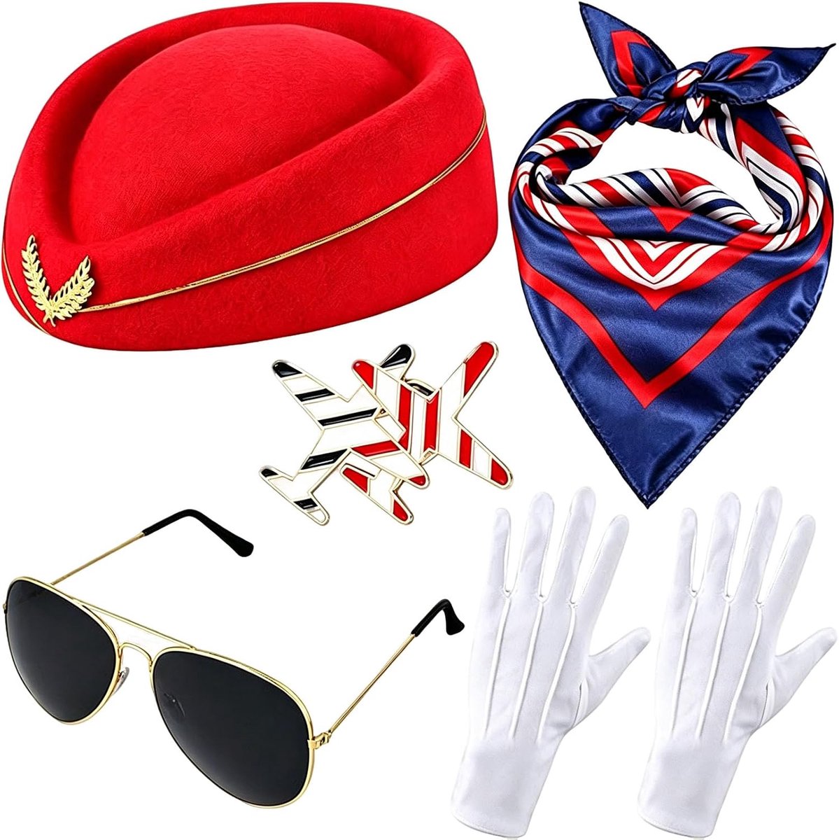 5Pcs Rode Luchtvaartmaatschappij Stewardess Kostuum Accessoires Set Cosplay Outfit Vlucht Hoed Zonnebril Sjaal Handschoenen Broches Voor Party Dress-up