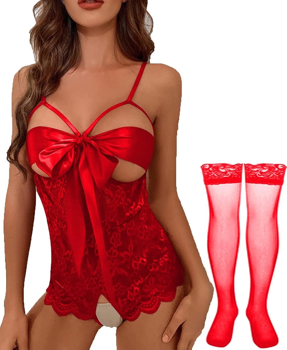 ondergoed voor dames, babydoll, eendelig ondergoed, vlinderdas, kanten panty, pyjama met kousen