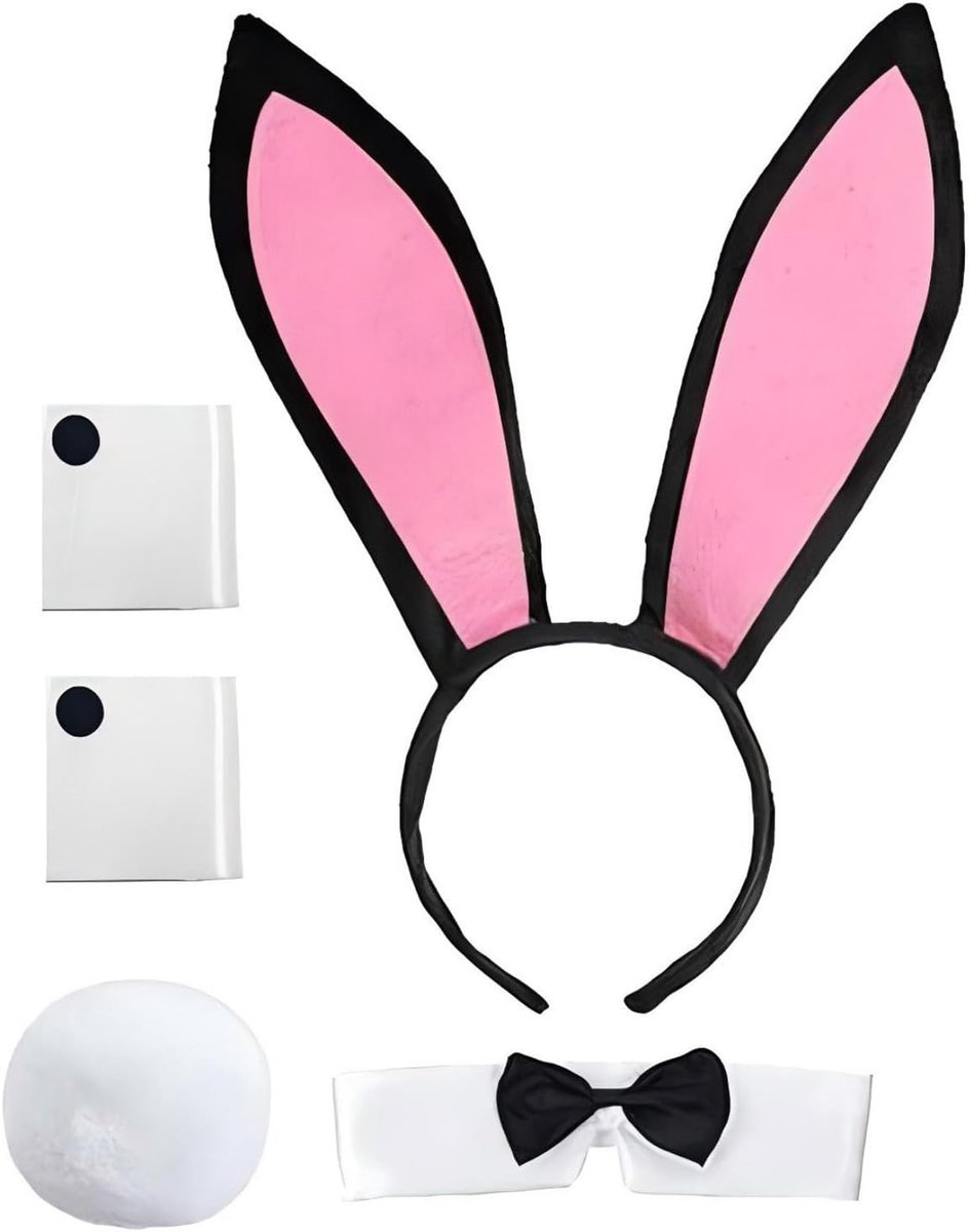 5 stuks Bunny-kostuumset voor dames, hazenoren, haarband, vlinderdas, manchetten, staart, Bunny Girl, cosplay kostuum voor dames, Pasen, Halloween, carnaval, cosplay party