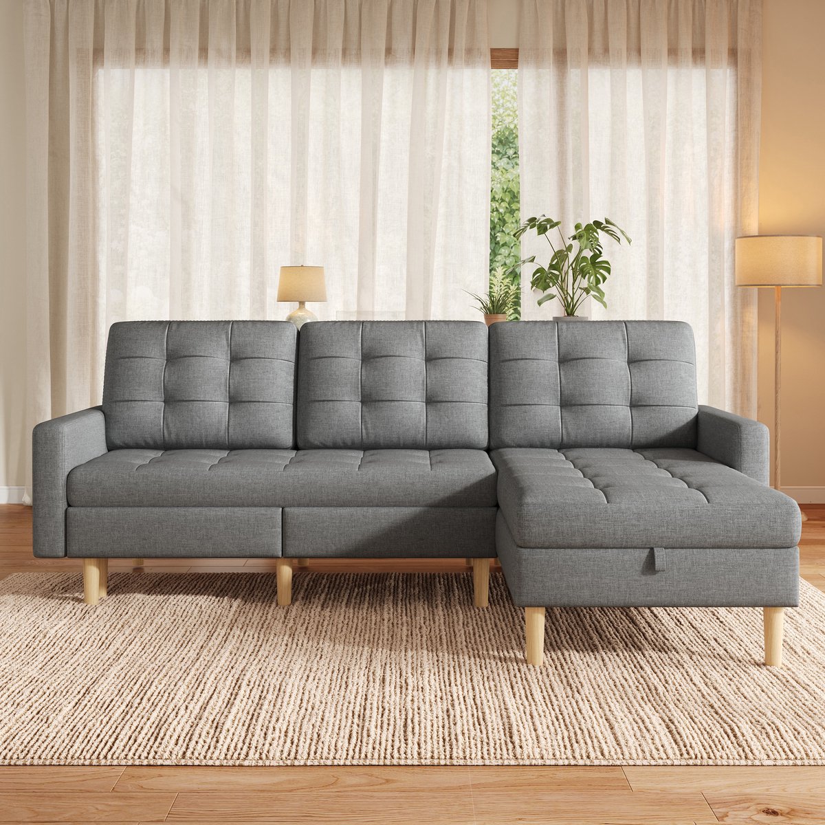 OKWISH Hoekbank 3-Zits 212 x 130 x 86 cm - Slaapfunctie en Dubbele Opbergruimte - Omkeerbaar Longuegedeelte - Vliesstof - Grijs