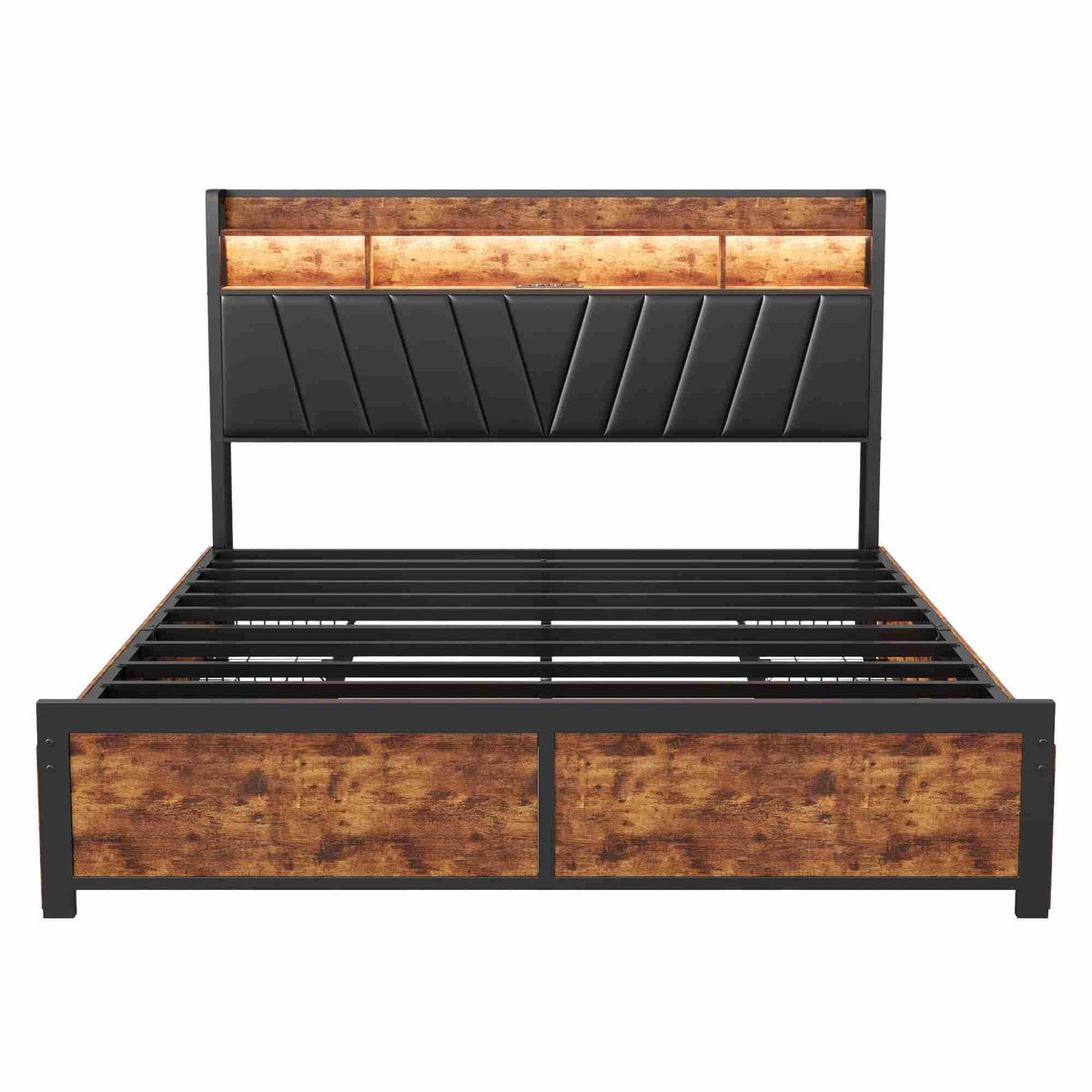 Happiq Gestoffeerd bed 180 X 200 Cm - met 4 Lades, LED Verlichting, Lades, Hoofdbord Rustiek bruin