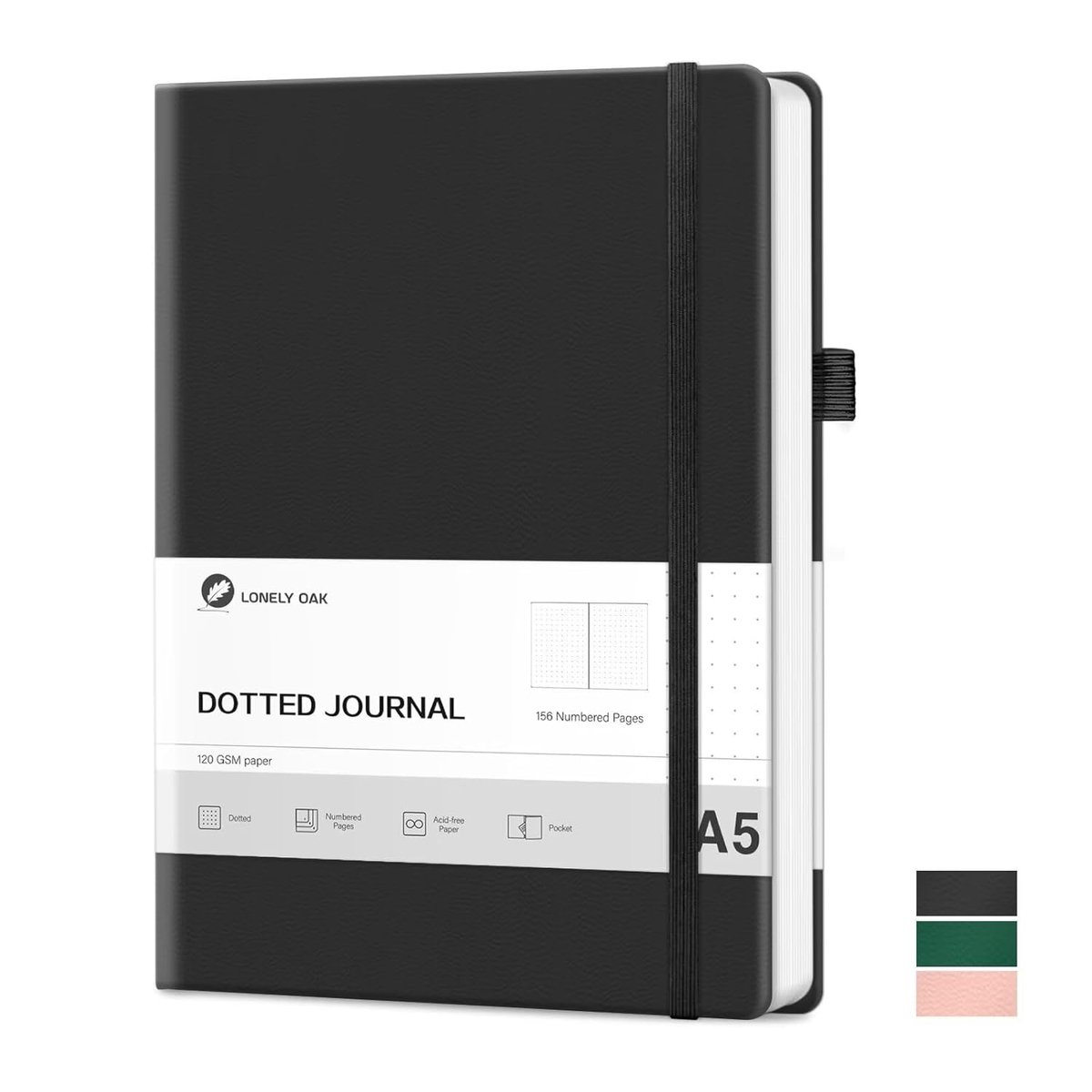 SnelShoppen - Lonely Oak Notitieboek A5 Hardcover Bullet Dotted Journal 120 g/m² Premium Zuurvrij Papier 156 Pagina's Met Elastiek Binnenzak Zwart 14,