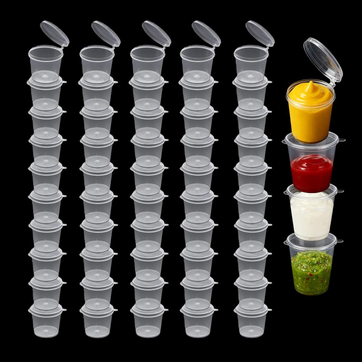 50 Stuks Kleine Plastic Containers met Deksel 1oz - Perfect voor Sauzen, Dips en Specerijen, Herbruikbare Portie Cups