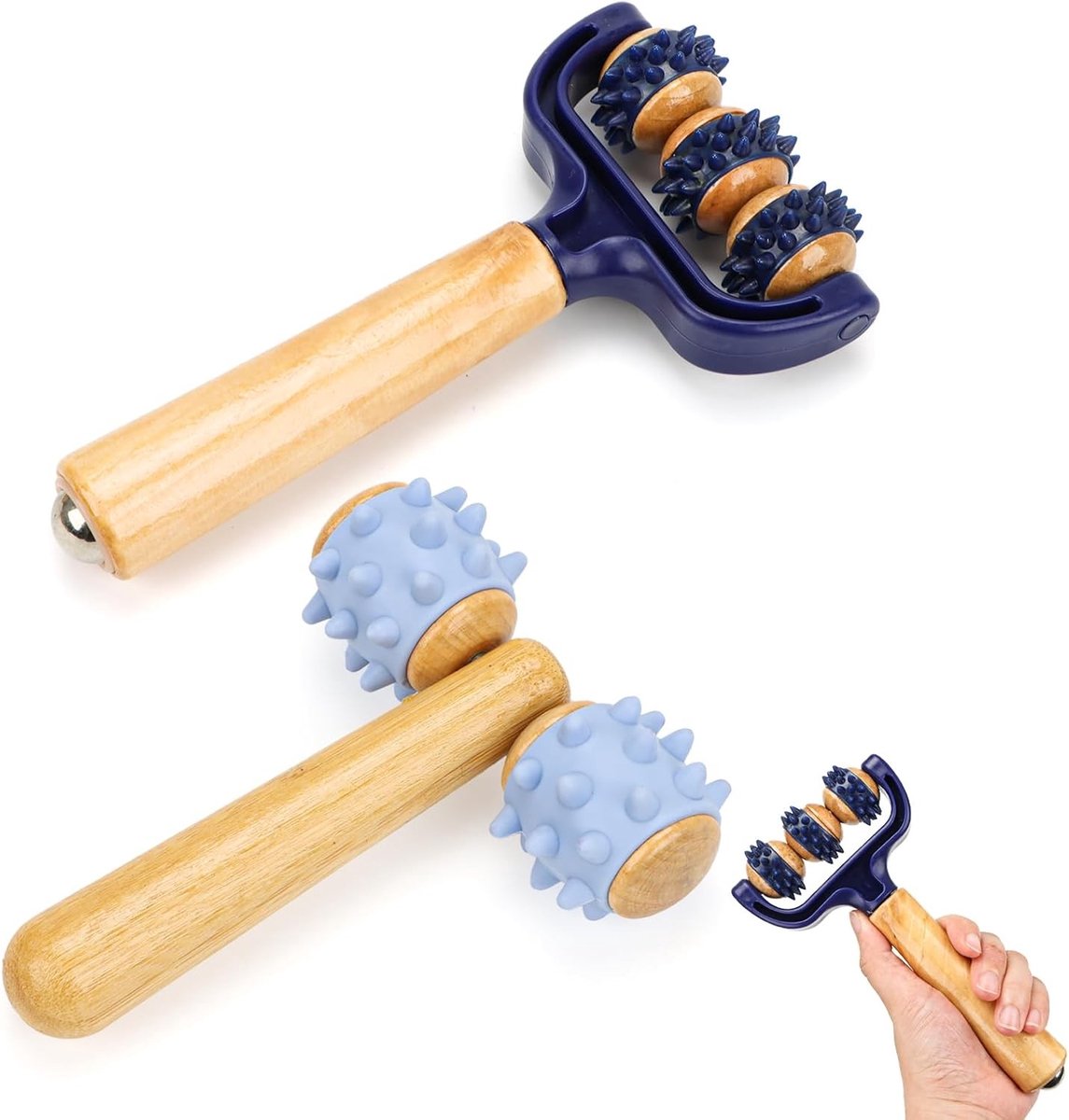 Massage Roller met Houten Handvat en Egeltje Bal - Draagbare Zelfmassage Tool voor Benen, Voeten, Armen en Rug - Verlicht Spanning en Stimuleert Bloedcirculatie