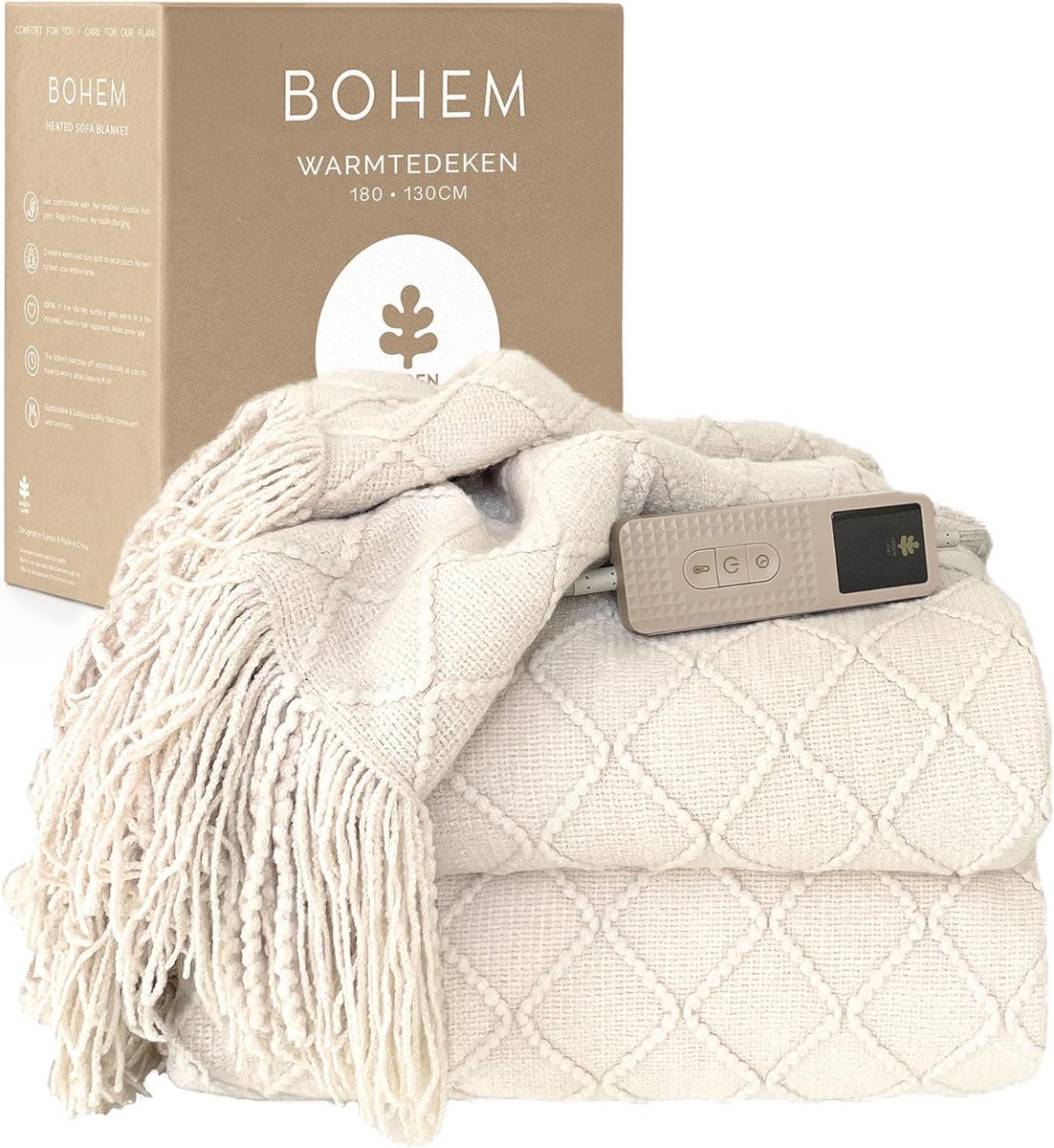 SnelShoppen - Groenland BOHEM Elektrische Bankdeken 180 x 130 cm, Warmtedeken met 9 Warmtestanden en Auto-Off-Timer tot 9 Uur, Verwarmde Deken voor Be