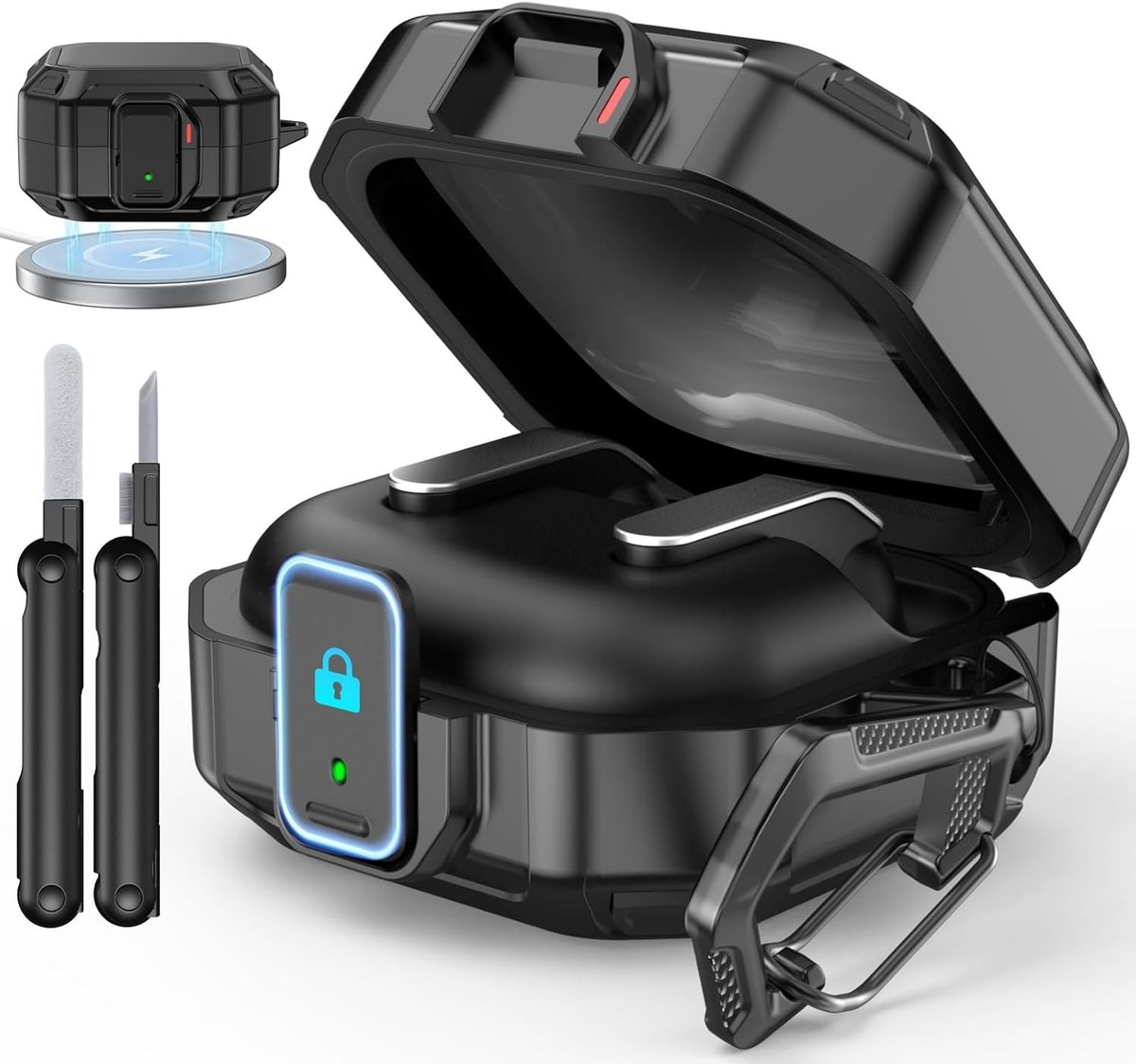 Rugged Armor Shockproof Hoes voor Galaxy Buds 4 Pro en Buds 4, Volledige Bescherming, Draagbare Oplossingen, Inclusief Schoonmaakpen en Haak, Zwart