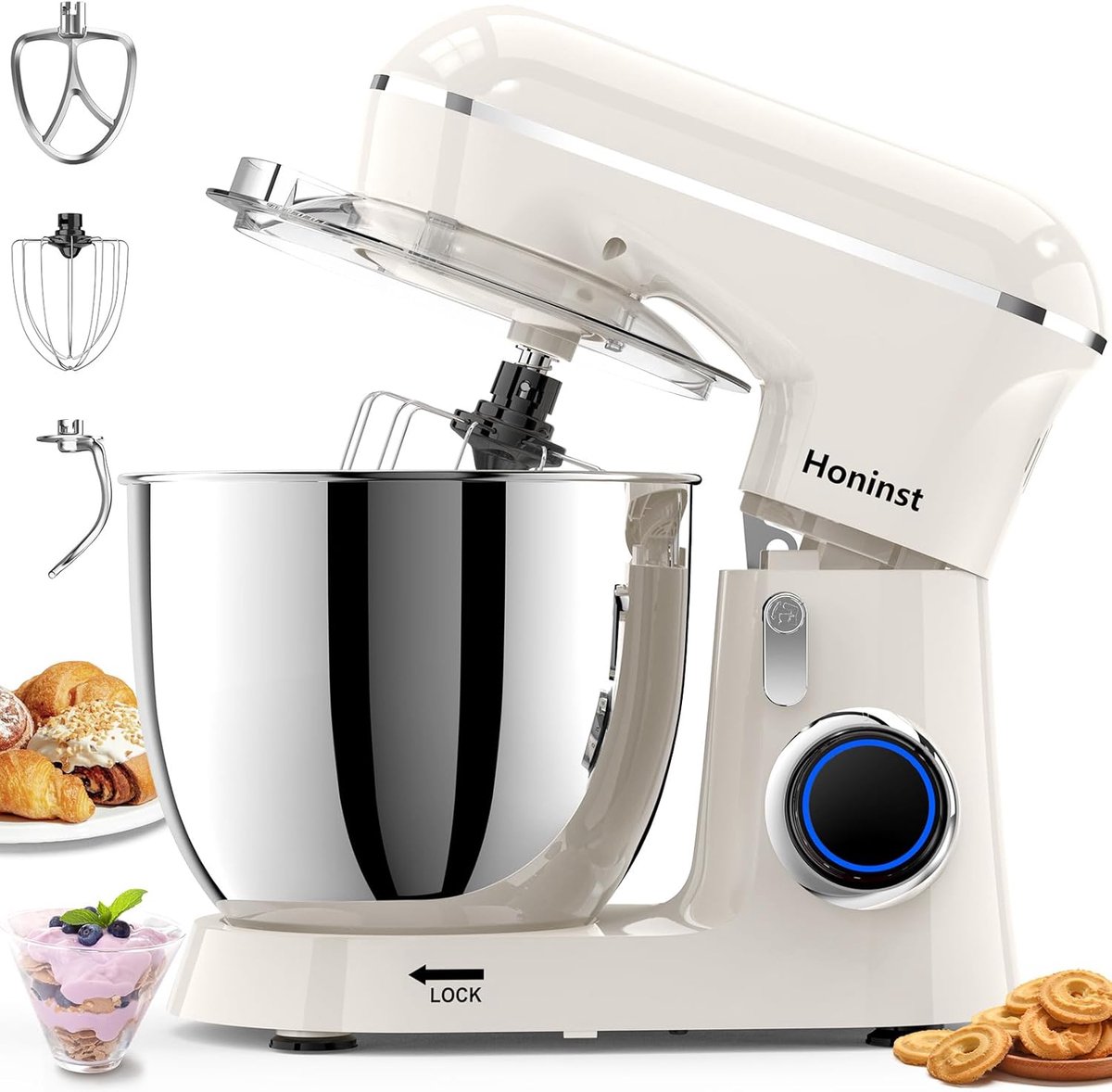 SnelShoppen - Keukenmachine 1400 W, Kneedmachine met 6 L Roestvrijstalen Kom, 10+ P-niveaus, Deegmachine voor Baktijd, Wit, inclusief Garde en Spatbes