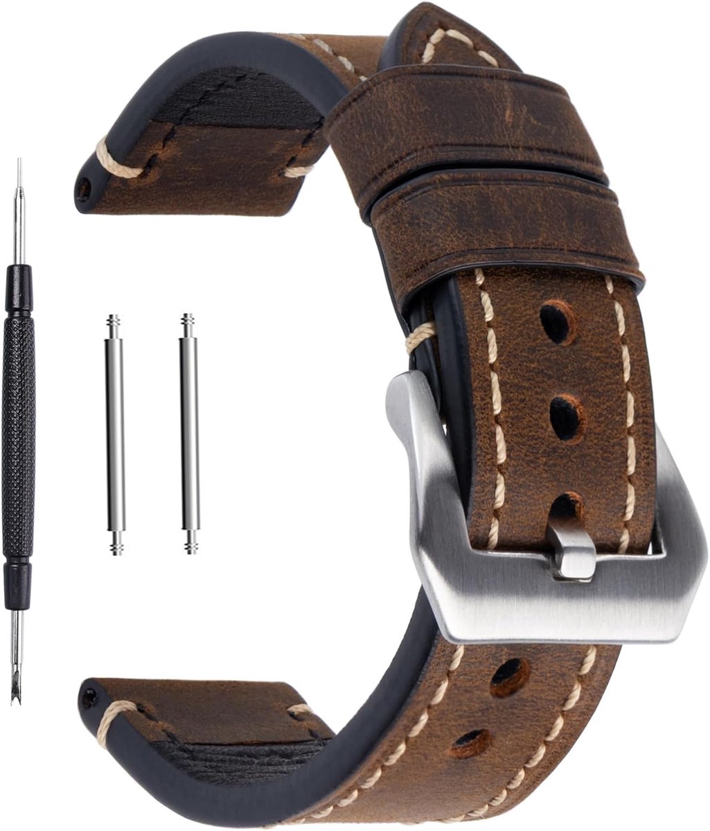 Horlogebandje, rundleer, retro, vintage, zwart, bruin, 20 mm, 22 mm, 24 mm