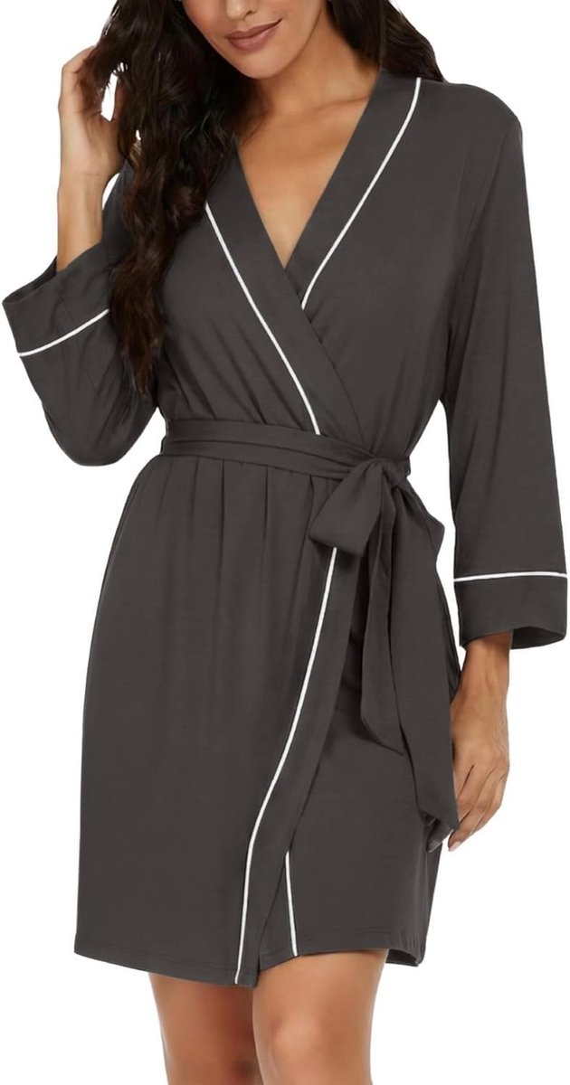 Badjas dames korte V-hals 3/4 mouwen ochtendjas lichte kimono robe loungewear