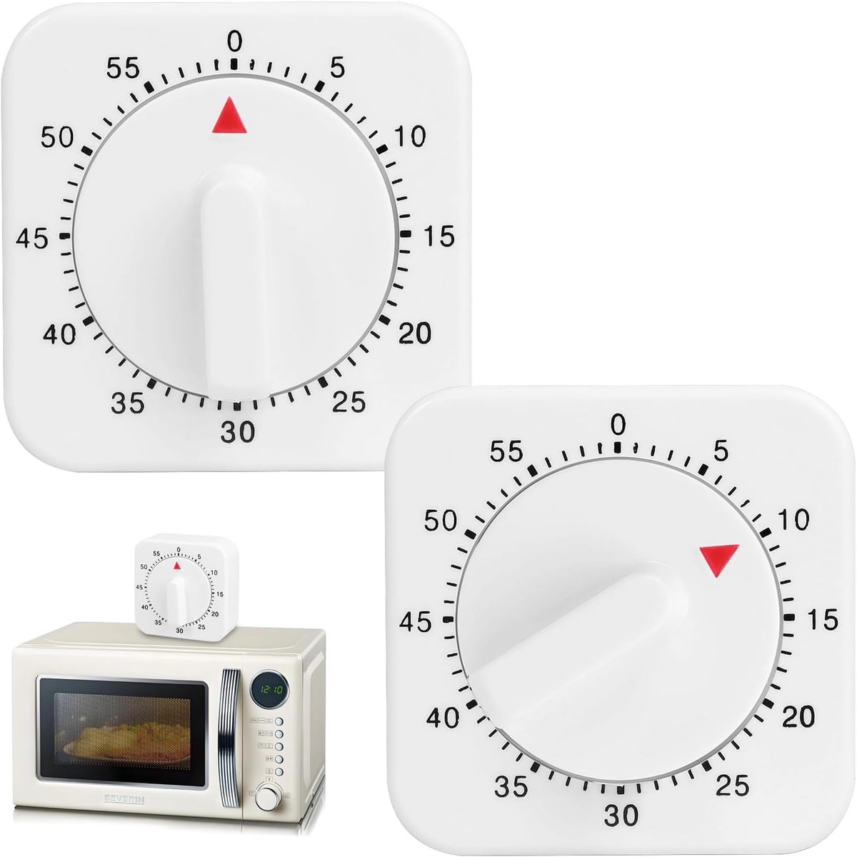 2 Stuks Draagbaar Mechanische Keukentimer met Luid Alarm, Praktisch 60 Minuten Vierkante Kunststof Timer Geen Batterijen Nodig, Wit Handleiding Mechanische Keukentimer voor Bakken Bewegen Leren