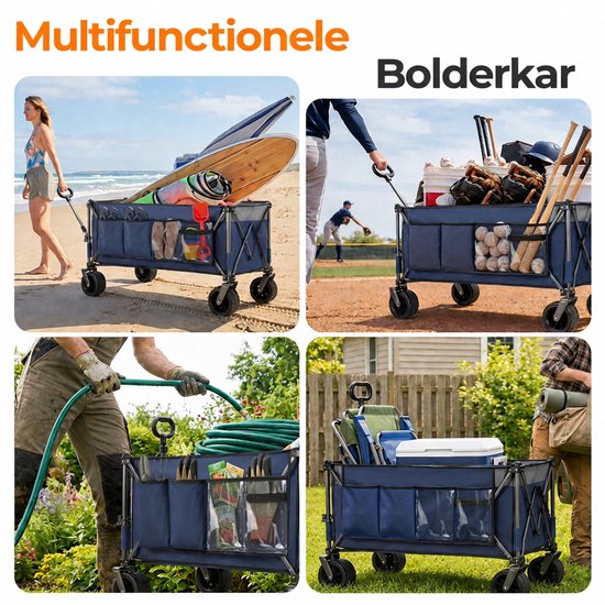 Opvouwbare Bolderkar - Transportkar - Strandkar - Tuinkar - 300L Volume - 250kg Draagkracht - Brede Wielen - Opklapbaar - Strand En Camping - 120x57,5x44cm - 1 Stuk - Blauw van Opvouwbare Bolderkar — afbeelding 4