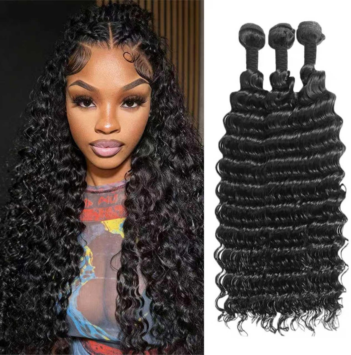 Deep Wave Human Hair 3 Bundles 18 20 22 Inch 100% Unprocessed Brazilian Virgin Curly Hair Weave Extensions for Women Natural Black Color