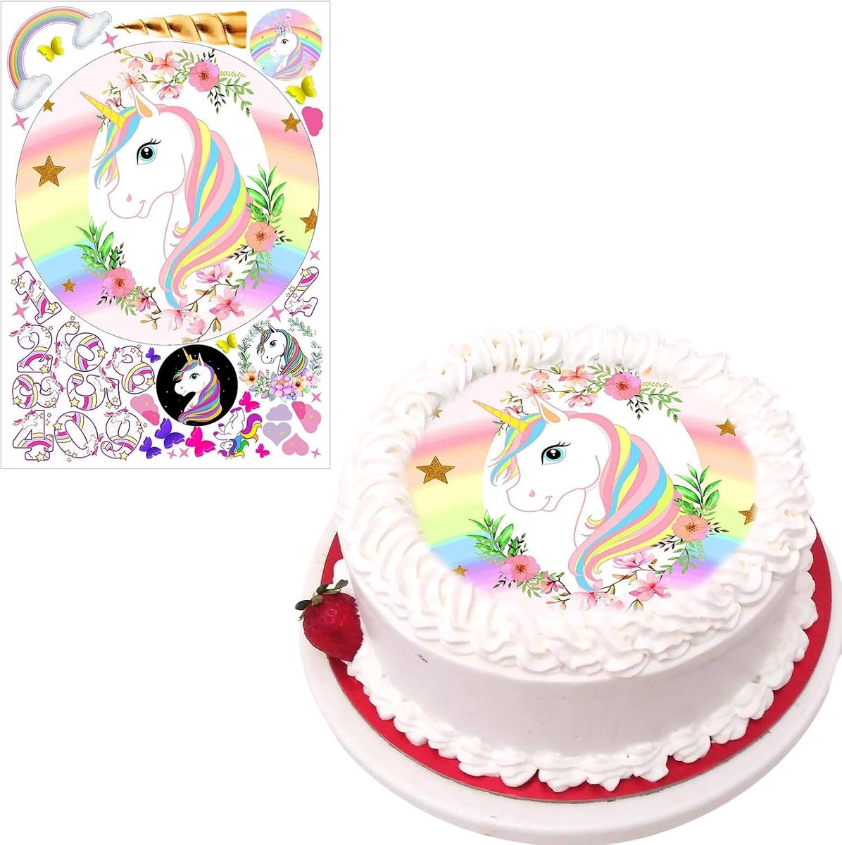 Eetbare Taarttopper Meisjes, Ronde Eenhoorn, Eetpapier, 20 cm