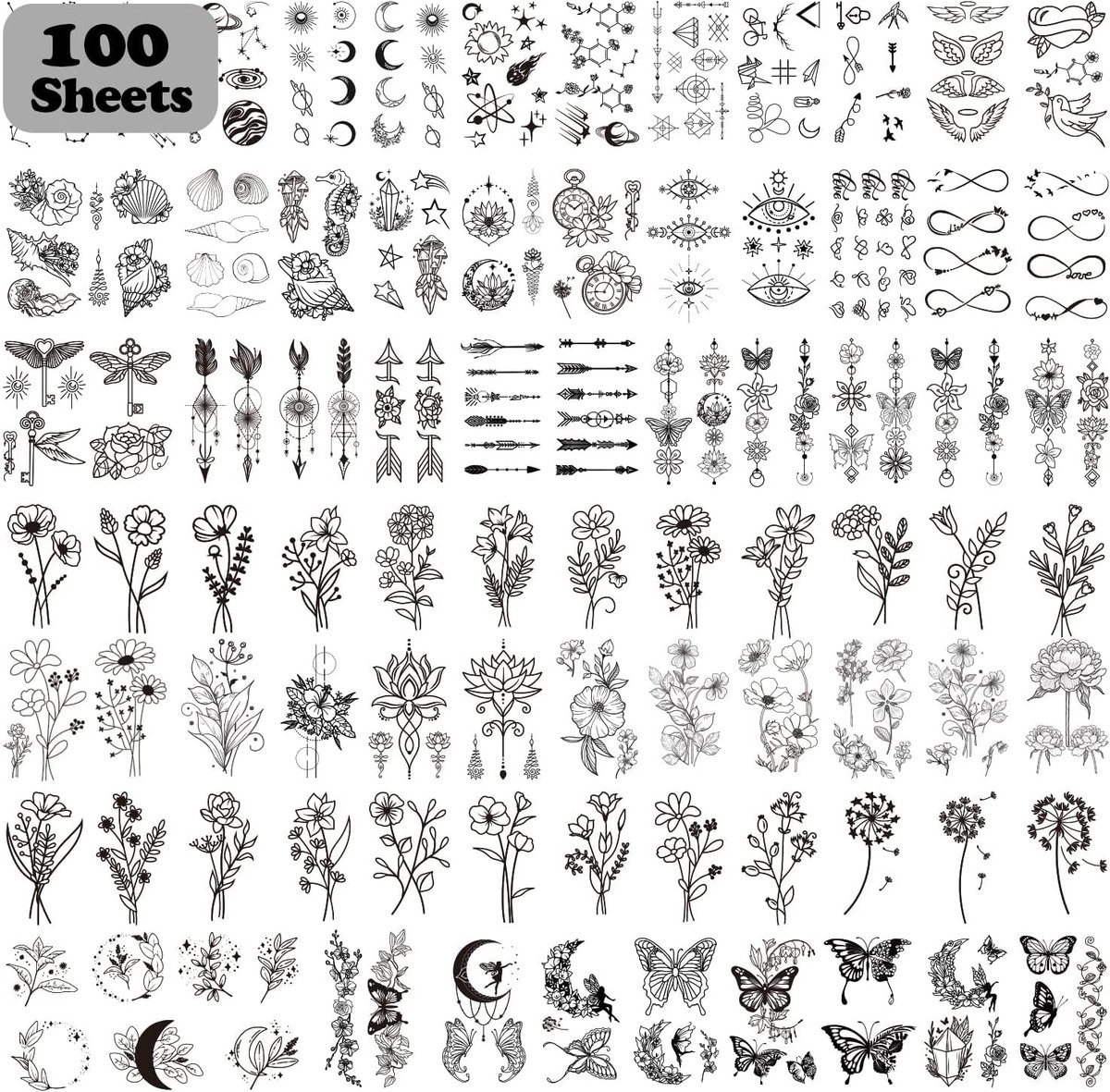 Tijdelijke tatoeages, takjes en bloemen, semi-permanent, realistische valse tatoeages, 100 vellen