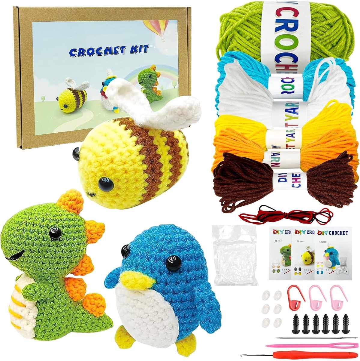 Haakset voor Beginners met 3 Dieren, Inclusief Gedetailleerde Video Tutorials, Creatieve Ambachten, Haken, Breien en DIY Projecten (Pinguïn/Bijen/Dinosaurus)