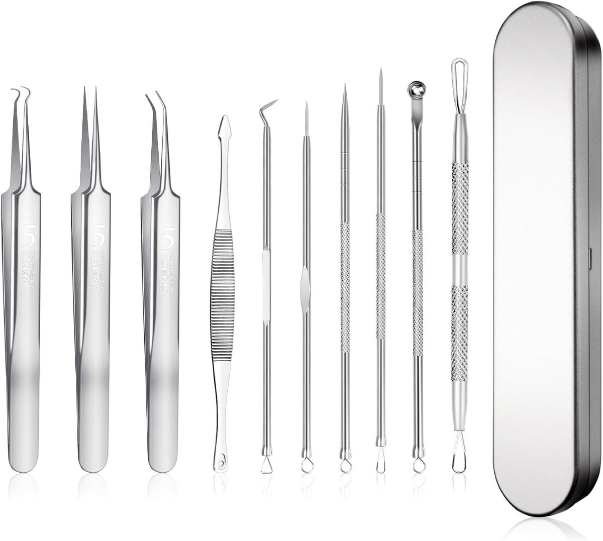 Set van 10 Comedone Extractors en Pimple Squeeze Tools met RVS Opbergdoos voor Effectieve Huidverzorging en Acne Behandeling