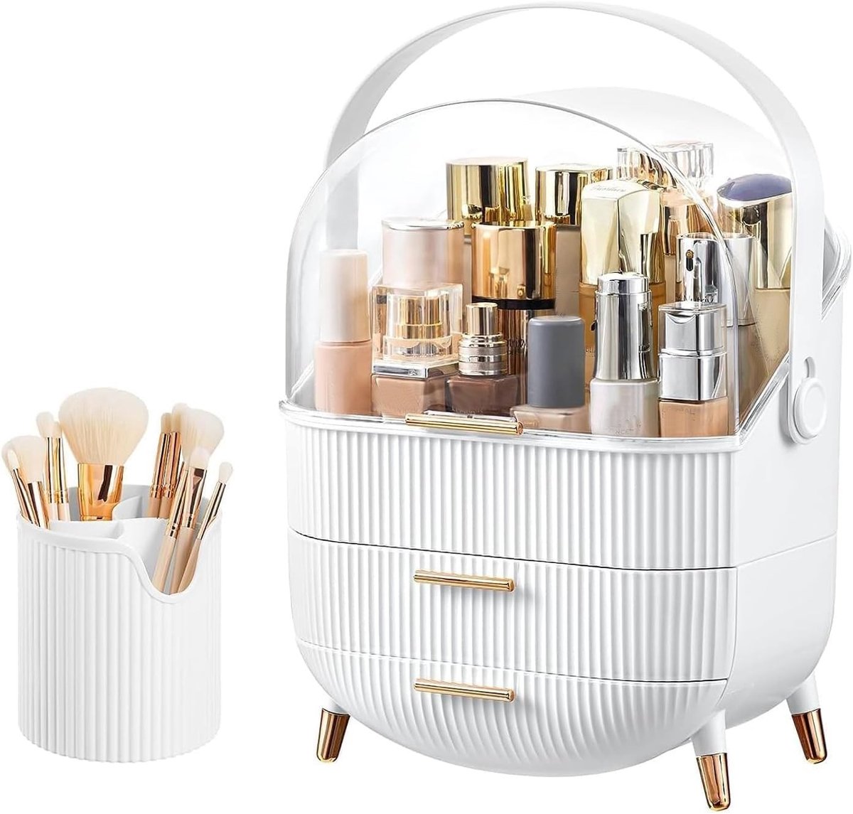 Makeup Organizer en Opbergtas, Draagbare Waterdichte en Stofdichte Cosmetica Opbergdoos, Perfect voor Make-up en Huidverzorging op de Kaptafel en in de Badkamer, B-White