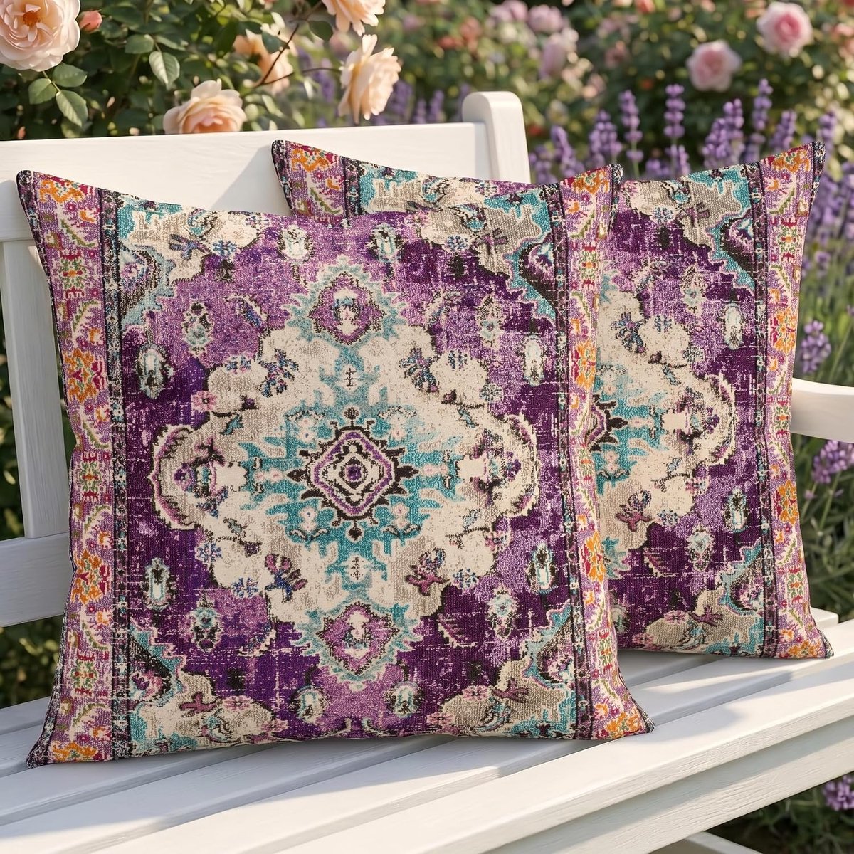 SnelShoppen - Weerbestendige outdoor kussenhoezen set van 2, 45 x 45 cm, dubbelzijdig patroon, paars vintage linnen, decoratieve kussenhoezen voor ban
