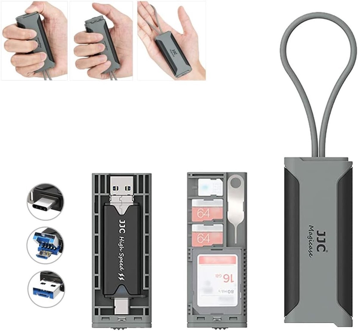 Geheugenkaart Reisetui met USB 3.0 Kaartlezer en Kaartverwijdertool, Geschikt voor SD, TF/MSD en Nano SIM, Ideaal voor Fotografie en Dataopslag