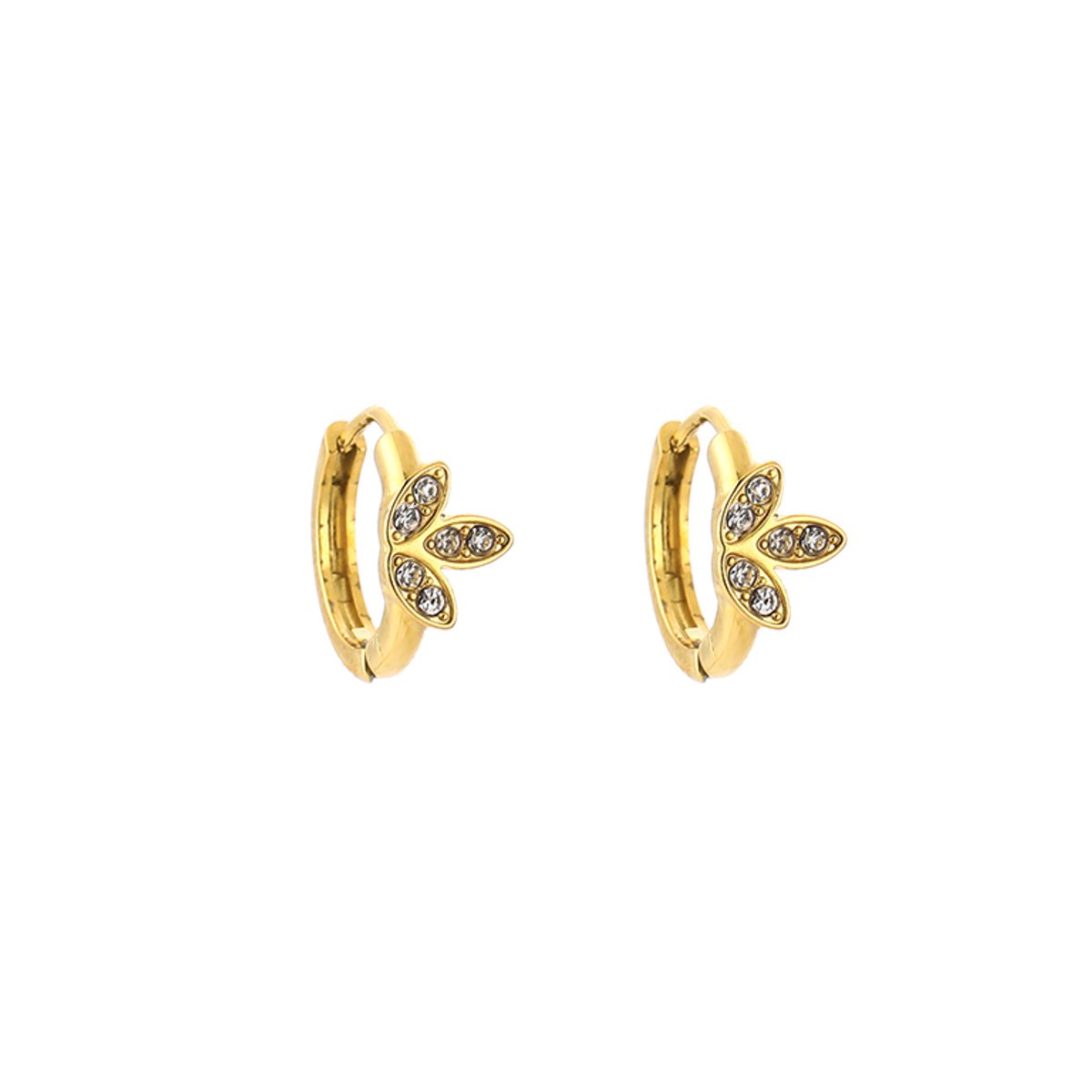 Stainless Steel Crown Lotus Pavé Zirconia Huggie Hoops – Luxe Kroon Lotus Pavé Zirkonia Huggie Oorringen – RVS - Goud