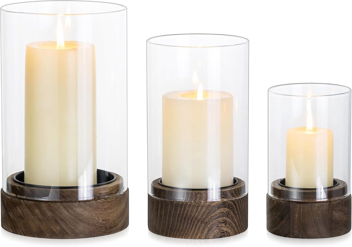 SnelShoppen - Set van 3 Vintage Glazen Windlichten met Houten Bodem voor Kaarsen - Boho Rustieke Tafeldecoratie voor Buiten - Ideaal voor Balkon, Terr