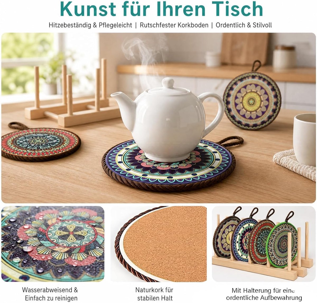SnelShoppen - 4 Stuks Hittebestendige Keramische Onderzetters voor Potten en Pannen - 17cm Kleurige Kork Onderzetters voor Keuken, Theepot, Schalen en