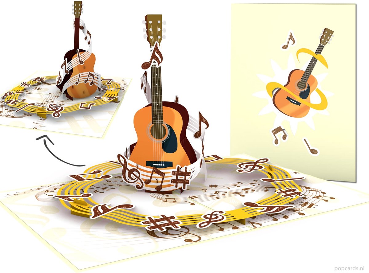 Popcards pop-up kaart - Schitterende Akoestische Gitaar & Muzieknoten  3D Kaart Wenskaart (muziekles, gitaarmuziek, live, kampvuurliedjes)