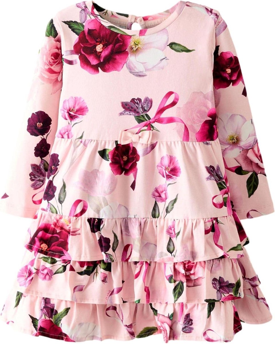Babymeisje Jurk - Kindermode Rokje - Feestelijke Gelegenheid - Bloemenprint Ruches - 11.9 x 9.8 cm - Roze