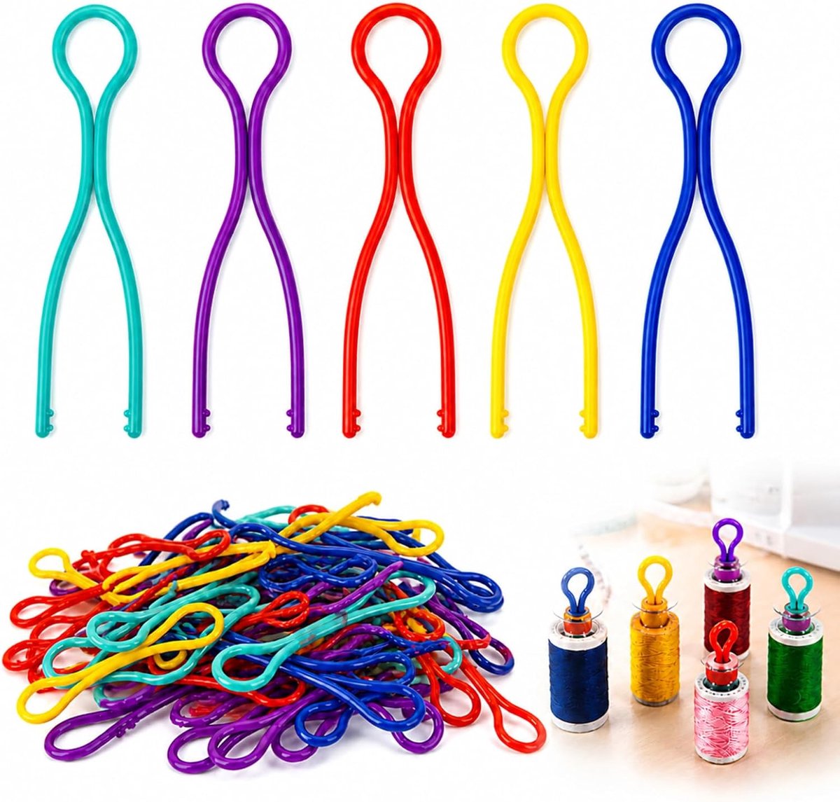 100 stuks kleurrijke kunststof spoelhouders, spoeldraadhouder accessoires, kunststof spoel clips in willekeurige kleuren, geschikt voor naaimachines, waardoor ze stabiel en toch licht blijven