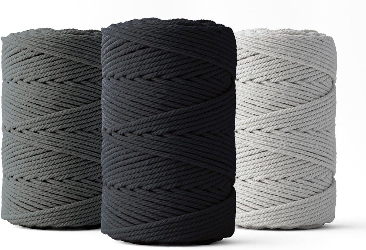 Macramétouw (2mm, 3x70M, grafiet, zwart & muisgrijs) - Dubbel getwist touw van 100% gerecycleerd katoen om te knutselen - Set van 3.
