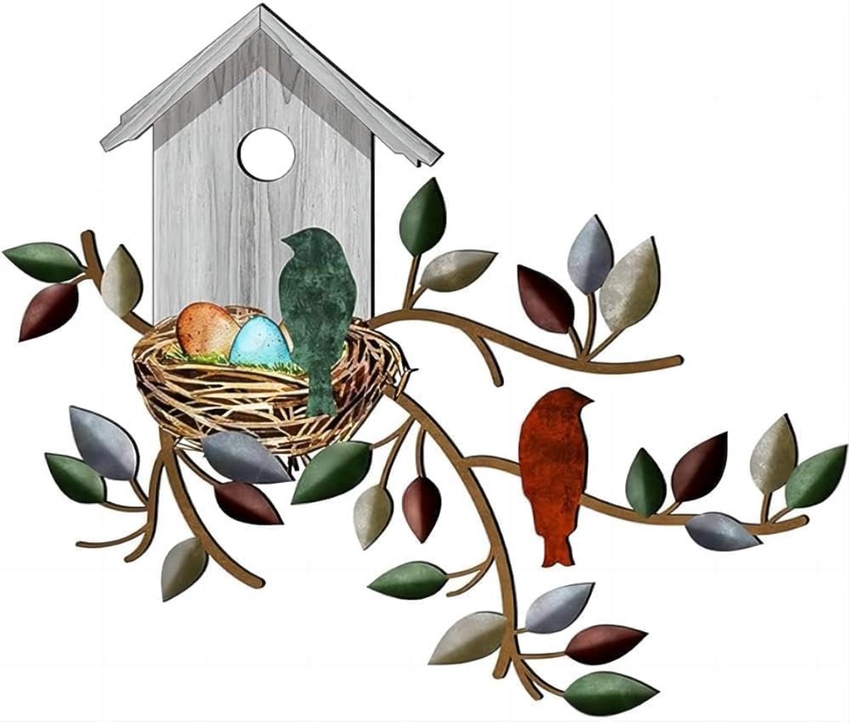 vogelmuurkunstdecor, buitenmuurdecor Vogelmuurkunst Hangende metalen boom met vogelhuisje Vogels Muurdecoratie voor binnen-buitentuin