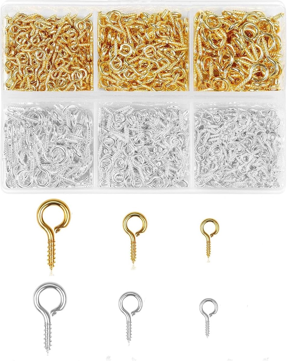 Haken met schroefdraad, oogpennen, haken en oogjes in roestvrij staal, zilverkleurig, voor het maken van sieraden, knutselen (13 mm/10 mm/8 mm) (goud en zilver)
