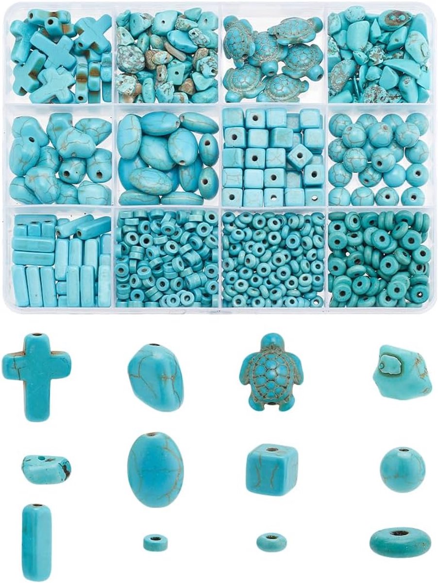 PandaHall 904 stuks 12 stijlen turquoise kralen, zeeschildpad schijf kruis turquoise stenen charme hangers voor ambachten stenen kralen voor doe-het-zelf armband ketting sieraden maken