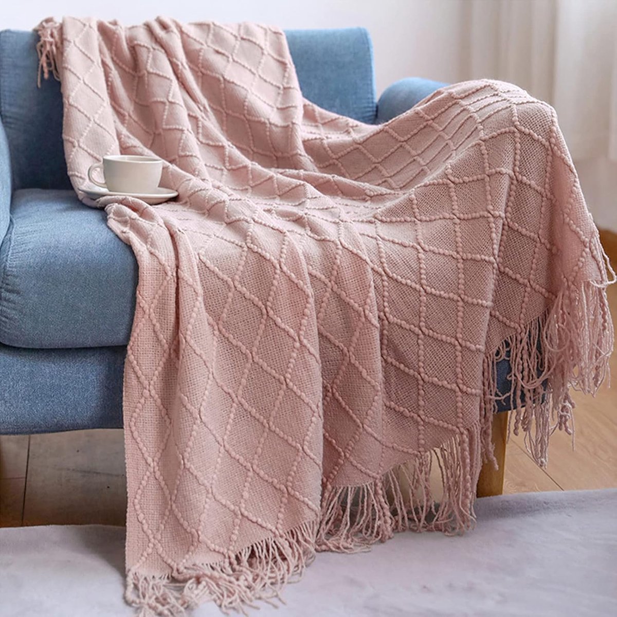 Gebreide Deken Met Franjes - Effen Kleur Scandinavische Warme Plaid - Trendy Zachte Sprei Voor Sofa - Decoratieve Sprei 130 x 170 cm