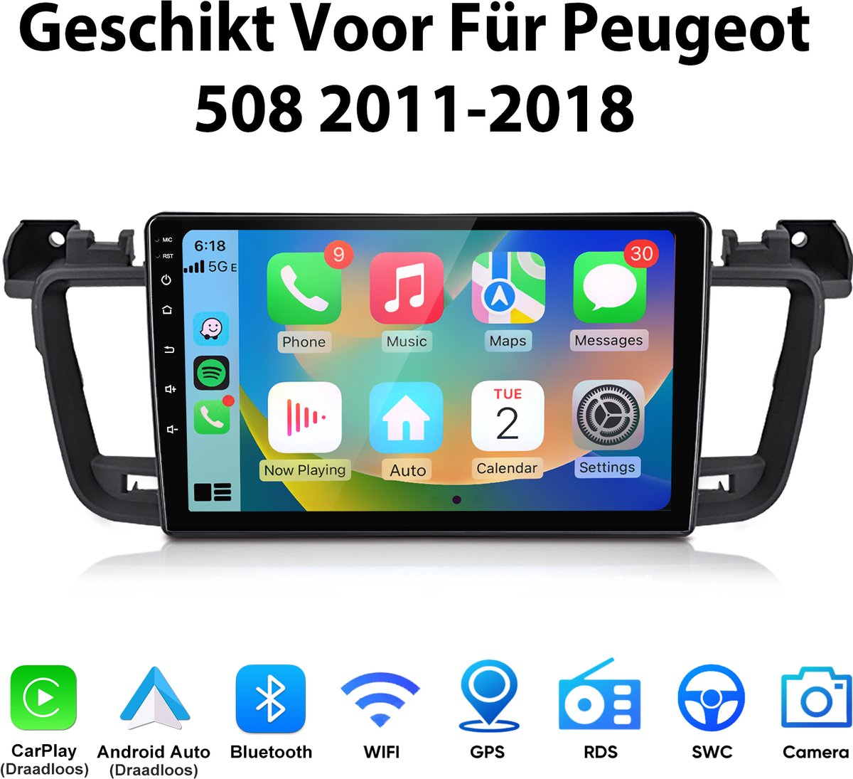 Junsun Android 15 Autoradio Geschikt Voor Für Peugeot 508 2011-2018 - 4GB+64GB - Draadloze CarPlay & Andriod Auto, DAB+, GPS-navigatiesysteem - Bluetooth - Stuurwielbediening - WiFi - 9-inch Touchscreen - DSP