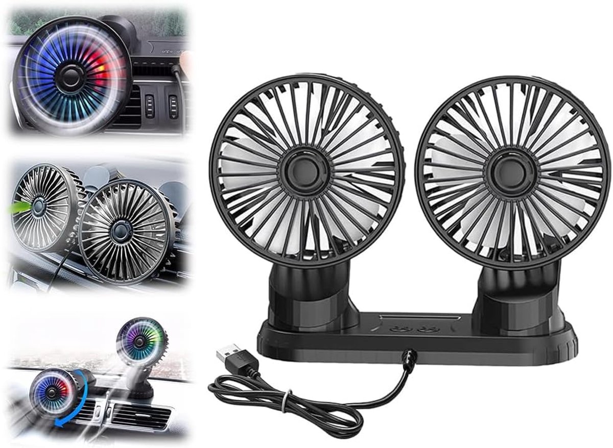 USB, 5 V, 360 graden draaibaar, dubbele kopventilator, ventilator voor auto met 3 snelheden, USB-autoventilator, koelluchtventilator met licht, voor 12 volt camper, bestelwagen
