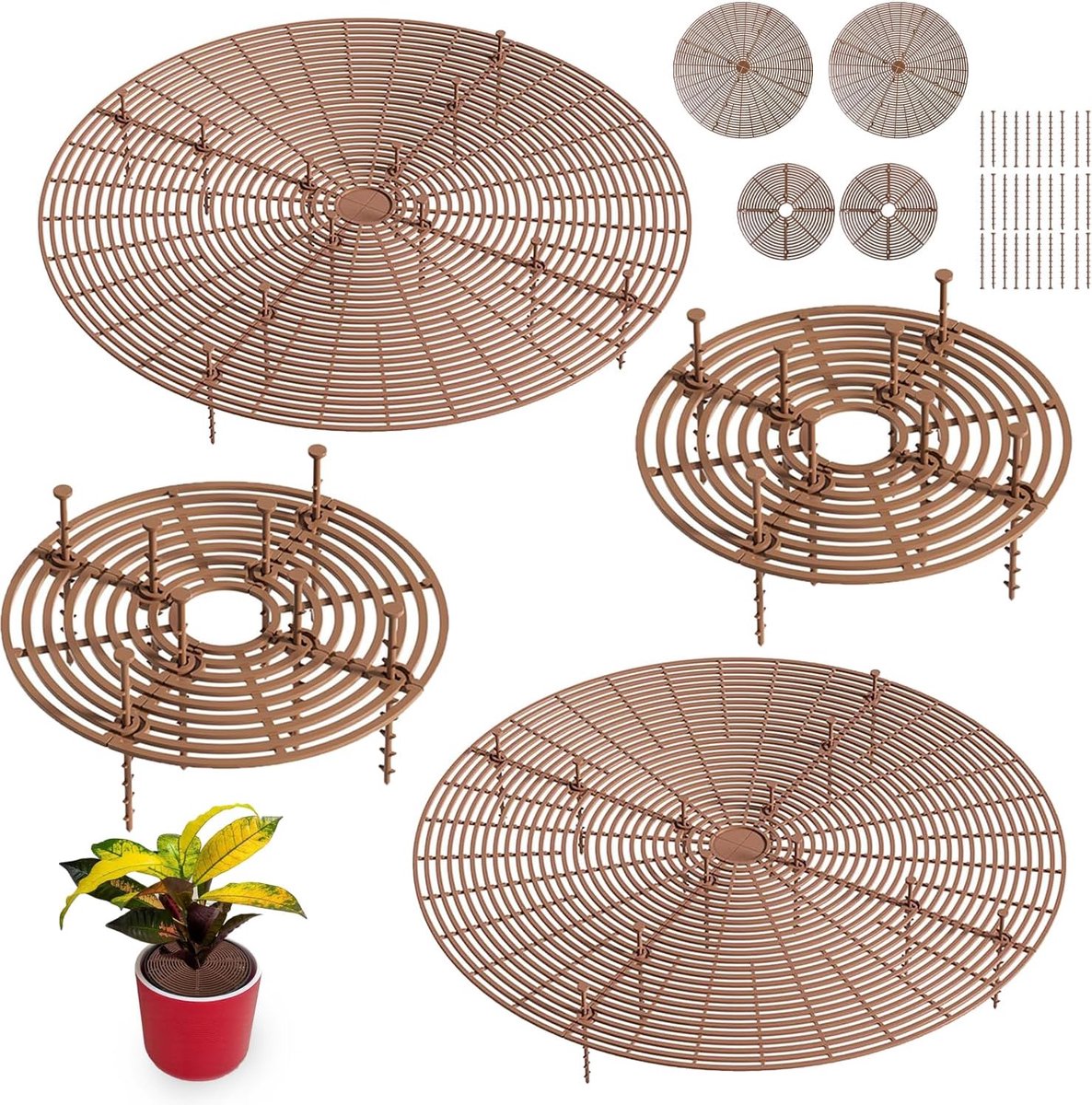 4 Stuks Plantenbeschermingsrooster voor Plantenpot, Bloempot Rooster van ABS, Bloempot Bescherming met 30 en 52 cm Cirkels en Pinnen voor Katten en Kinderen