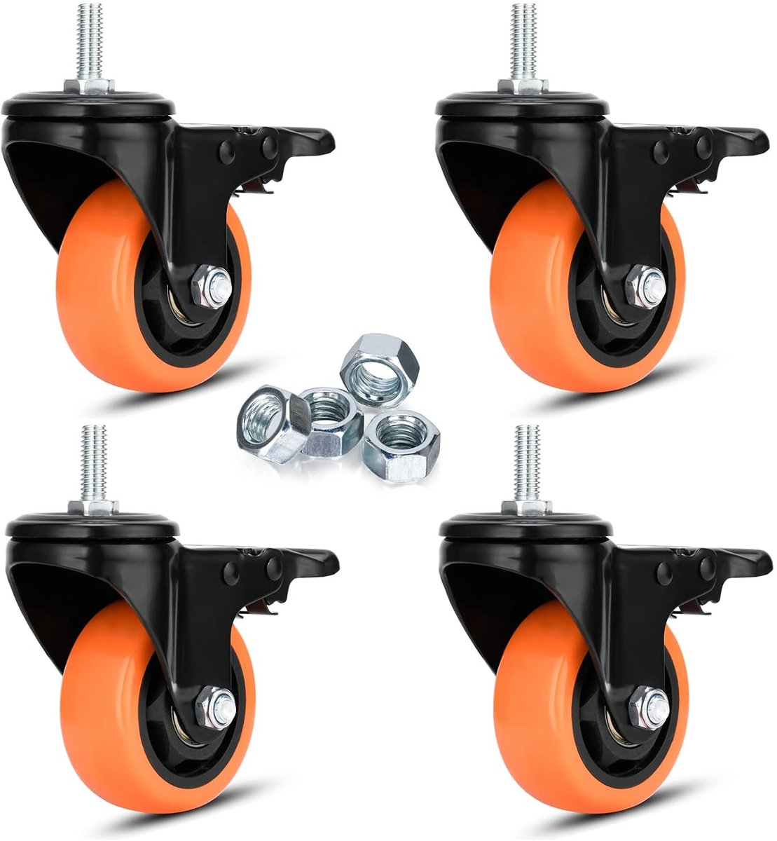Set van 4 wieltjes met schroefdraadstang van 75 mm, zware belasting 450 kg, wielen M10 x 25 mm, dubbele vergrendeling, industriële wielen, zwenkwielen met remmen, zacht en