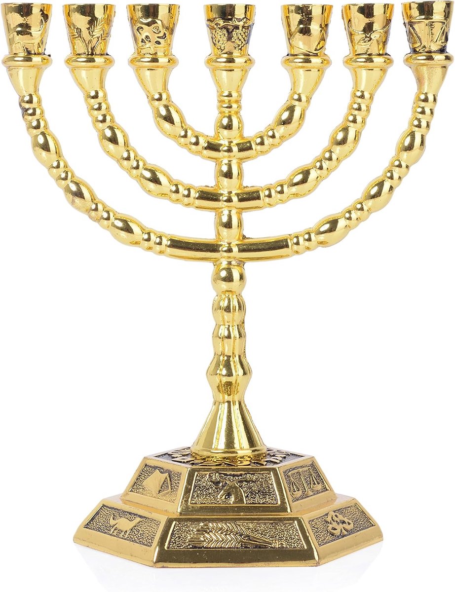 menorah 7 tak, Joodse kandelaar, 12 stammen van Israël, hoogte 12,7 cm, goud