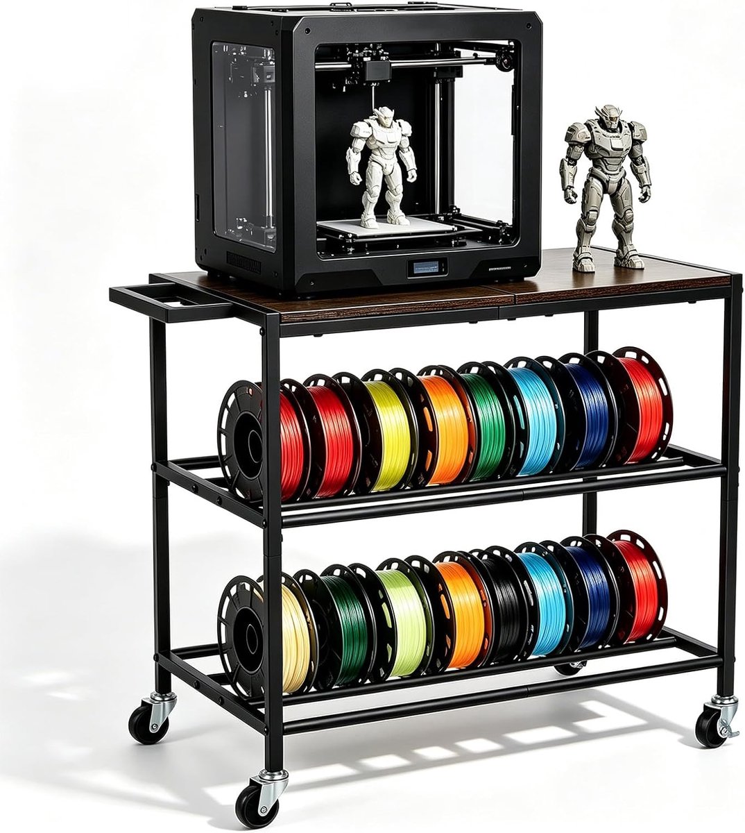 3D-printer filamentopslagrek, mobiel printerrek, opbergrek, zware spoelhouder met wielen, 3 niveaus, printeraccessoires, organizer, bureau, geschikt voor drukstation, kantoor, werkplaats
