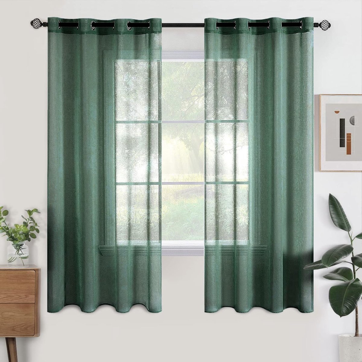 Set van 2 transparante gordijnen met ringen, korte semi-transparante binnengordijnen voor slaapkamer, woonkamer, huis, 140x145 cm, donkergroen